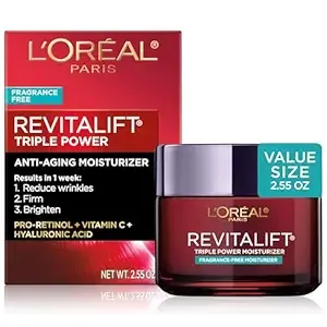 L'Oreal Paris Revitalift Triple Power Anti-Aging Face Moisturizer, Fragrance Free, Pro Retinol, Hyaluronic Acid & Vitamin C to Reduce Wrinkles, Firm & Brighten Skin, 2.55 Oz