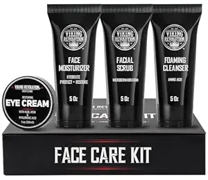 Viking Revolution Mens Facial Skin Care Kit - Includes Rejuvenating Face Moisturizer (5oz) Microdermabrasion Facial Scrub (5oz) Foaming Cleanser (5oz) Eye Cream (1oz)